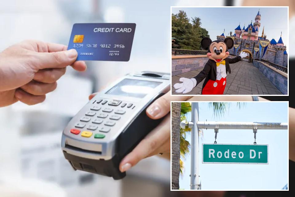 An image collage containing 3 images, Image 1 shows A customer holds a blue credit card over a payment terminal held by a cafe owner, Image 2 shows Mickey Mouse in front of Sleeping Beauty Castle at Disneyland Park, Image 3 shows Green street sign for Rodeo Drive in Beverly Hills, California