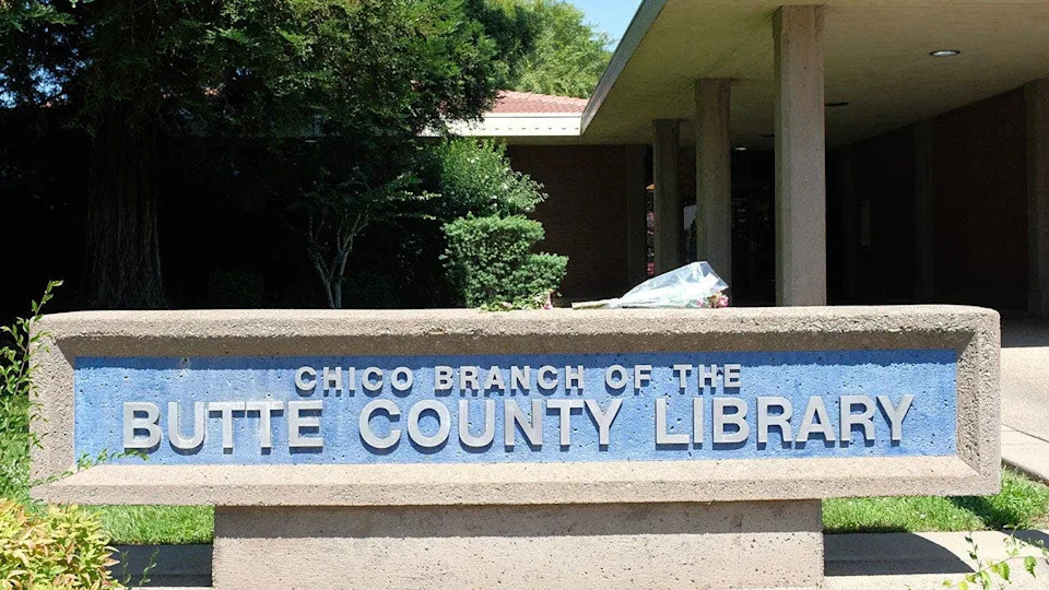 A sign posted outside the Chico branch of the Butte County Library.