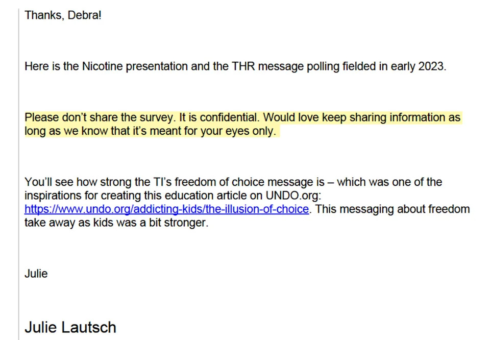A screenshot of an email with the highlighted text "Please don't share the survey. It is confidential. Would love to keep sharing information as long as we know it's meant for your eyes only."