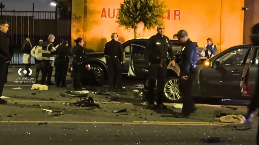 Police investigate a multi-vehicle crash involving heavily damaged cars and debris scattered across the roadway near Gramercy Place and Florence Avenue in South Los Angeles early Saturday morning.