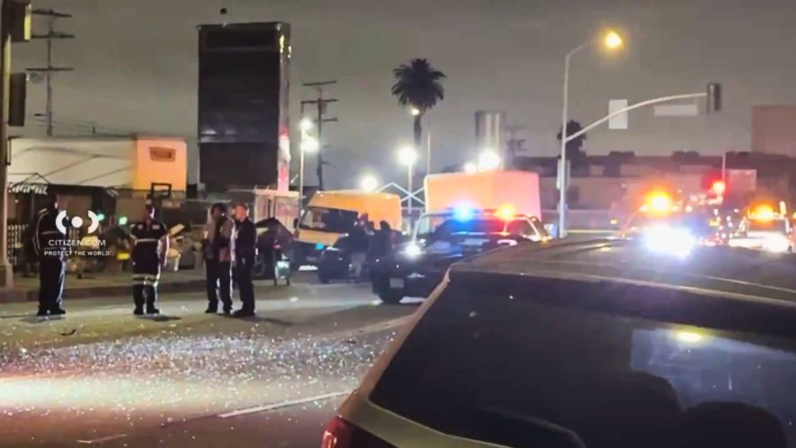 Police investigate a multi-vehicle crash involving heavily damaged cars and debris scattered across the roadway near Gramercy Place and Florence Avenue in South Los Angeles early Saturday morning.