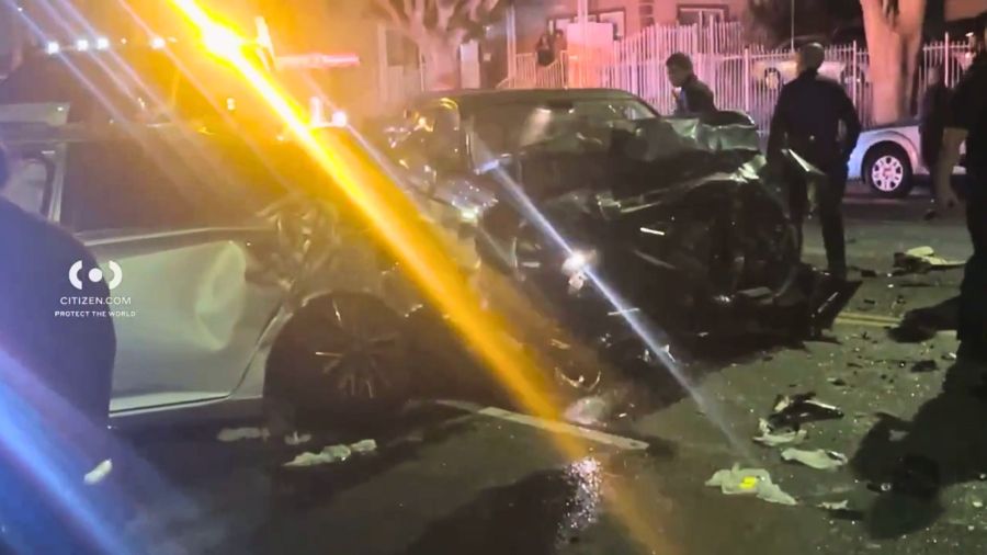 Police investigate a multi-vehicle crash involving heavily damaged cars and debris scattered across the roadway near Gramercy Place and Florence Avenue in South Los Angeles early Saturday morning.