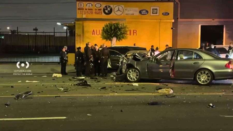 Police investigate a multi-vehicle crash involving heavily damaged cars and debris scattered across the roadway near Gramercy Place and Florence Avenue in South Los Angeles early Saturday morning.