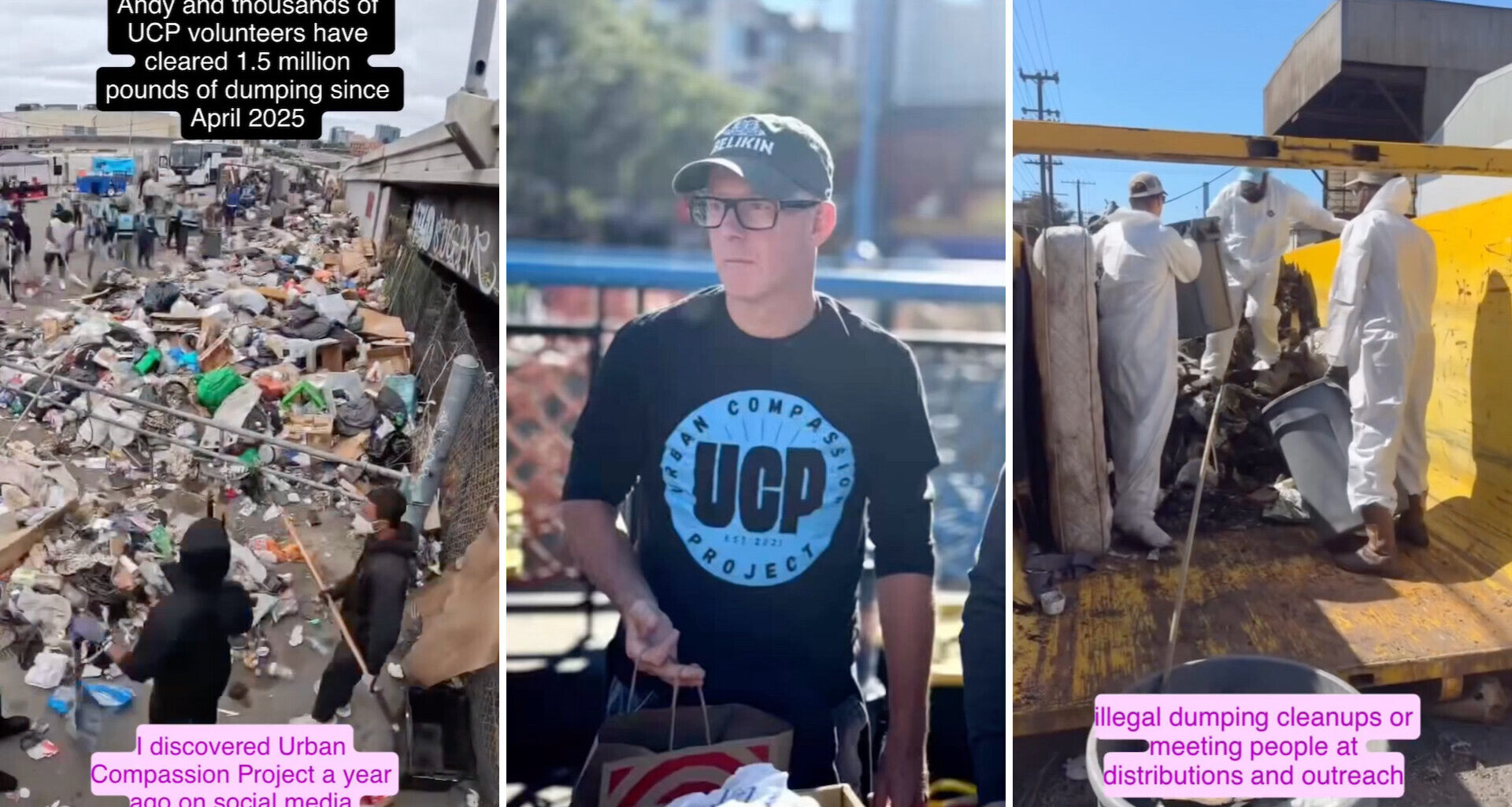 Three images showcasing urban cleanup efforts: a large pile of trash, a volunteer holding bags, and workers in protective gear cleaning.