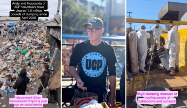 Three images showcasing urban cleanup efforts: a large pile of trash, a volunteer holding bags, and workers in protective gear cleaning.