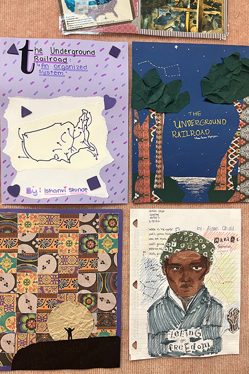 four pieces of artwork by students who studied the underground railroad and one piece is a portrait drawing of harriet tubman