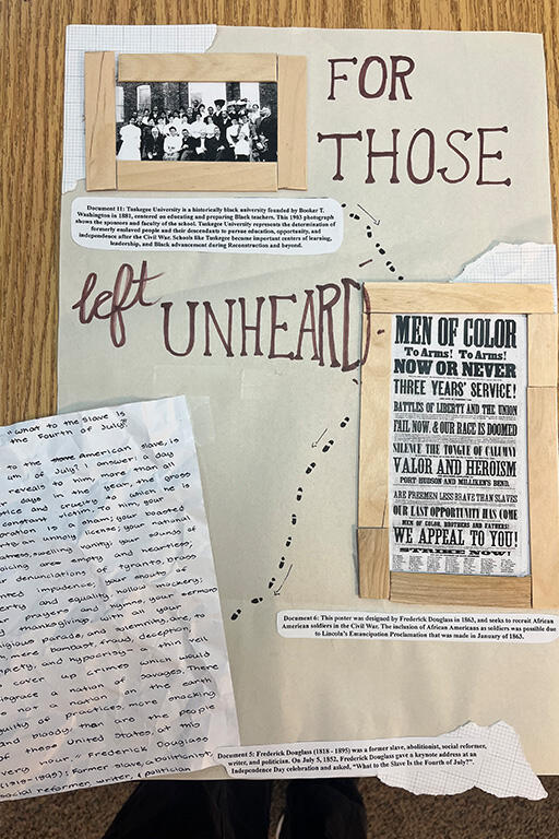 big text reads for those left unheard and student placed old images of black people plus descriptions of the pictures in very small text