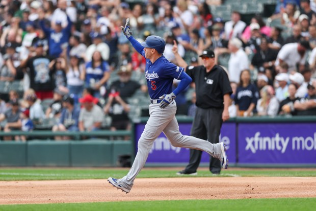 Dodgers first baseman Freddie Freeman (5) runs the bases after hitting a solo home run during the first inning against the White Sox at Rate Field Sunday June 14, 2026 in Chicago. (Armando L. Sanchez/Chicago Tribune)