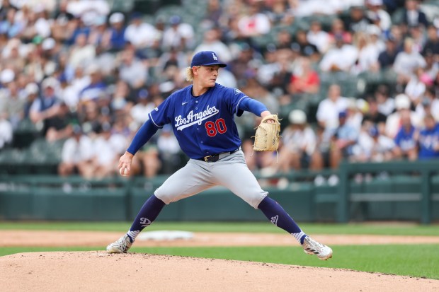 Dodgers pitcher Emmet Sheehan (80) pitches during the first inning against the White Sox at Rate Field Sunday June 14, 2026 in Chicago. (Armando L. Sanchez/Chicago Tribune)