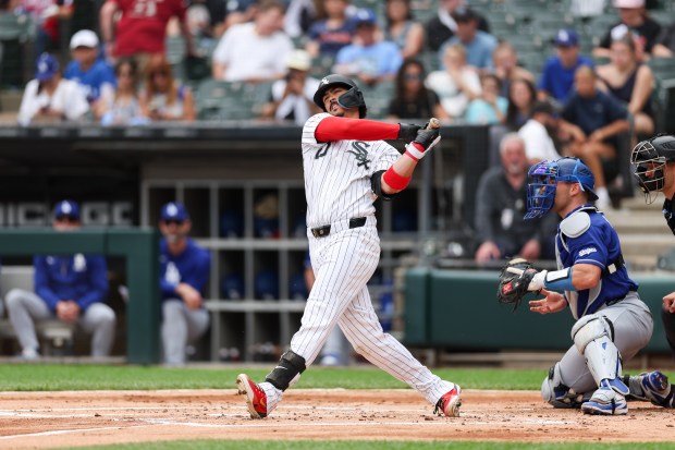 White Sox third baseman Miguel Vargas (20) strikes out during the first inning against the Dodgers at Rate Field Sunday June 14, 2026 in Chicago. (Armando L. Sanchez/Chicago Tribune)