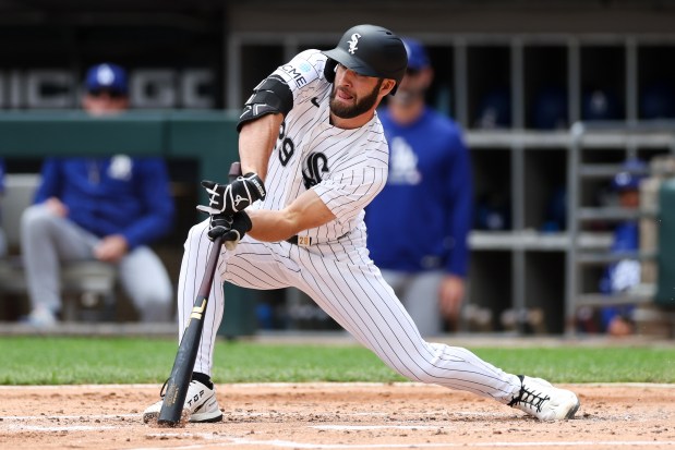 White Sox center fielder Tristan Peters (29) strikes out during the third inning against the Dodgers at Rate Field June 14, 2026 in Chicago. (Armando L. Sanchez/Chicago Tribune)