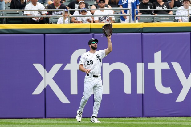 White Sox center fielder Tristan Peters (29) catches a fly-out from Dodgers first baseman Freddie Freeman (5) during the fourth inning at Rate Field June 14, 2026 in Chicago. (Armando L. Sanchez/Chicago Tribune)