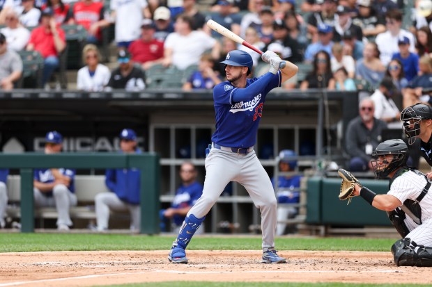 Dodgers right fielder Kyle Tucker (23) stands at the plate during the fourth inning against the White Sox at Rate Field June 14, 2026 in Chicago. (Armando L. Sanchez/Chicago Tribune)