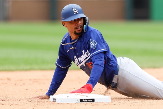 Dodgers shortstop Mookie Betts (50) steals second base during the fourth inning against the White Sox at Rate Field June 14, 2026 in Chicago. (Armando L. Sanchez/Chicago Tribune)