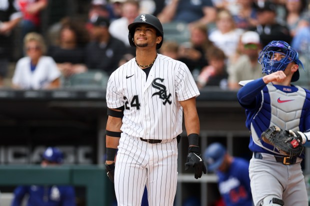 White Sox outfielder Braden Montgomery (24) walks to the dugout after striking out during the fourth inning against the Dodgers at Rate Field June 14, 2026 in Chicago. (Armando L. Sanchez/Chicago Tribune)