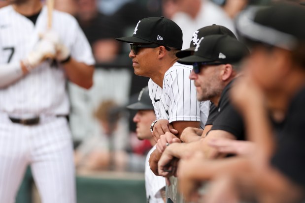 White Sox manager Will Venable (1) watches from the dugout during the fifth inning against the Dodgers at Rate Field June 14, 2026 in Chicago. (Armando L. Sanchez/Chicago Tribune)