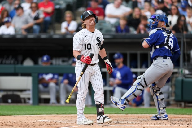 White Sox second baseman Chase Meidroth (10) reacts after striking out during the fifth inning against the Dodgers at Rate Field June 14, 2026 in Chicago. (Armando L. Sanchez/Chicago Tribune)