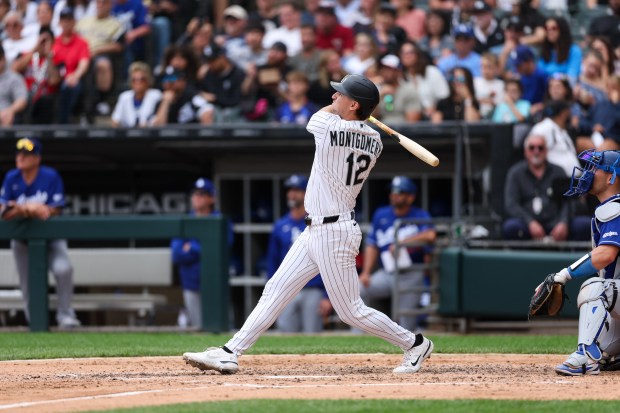 White Sox shortstop Colson Montgomery (12) hits two-run homer during the sixth inning against the Dodgers at Rate Field June 14, 2026 in Chicago. (Armando L. Sanchez/Chicago Tribune)
