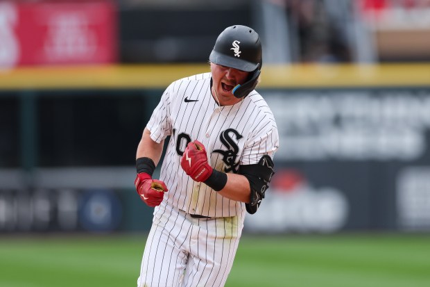 White Sox second baseman Chase Meidroth (10) runs the bases after hitting a two-run homer during the sixth inning against the Dodgers at Rate Field June 14, 2026 in Chicago. (Armando L. Sanchez/Chicago Tribune)
