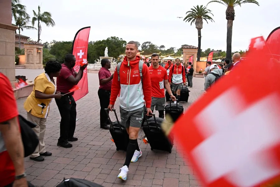 <em>Switzerland’s soccer players arrive at the Fairmont Grand Del Mar hotel in San Diego, Calif, Tuesday, June 2, 2026 for the World Cup soccer tournament. (AP Photo/Denis Poroy)</em>