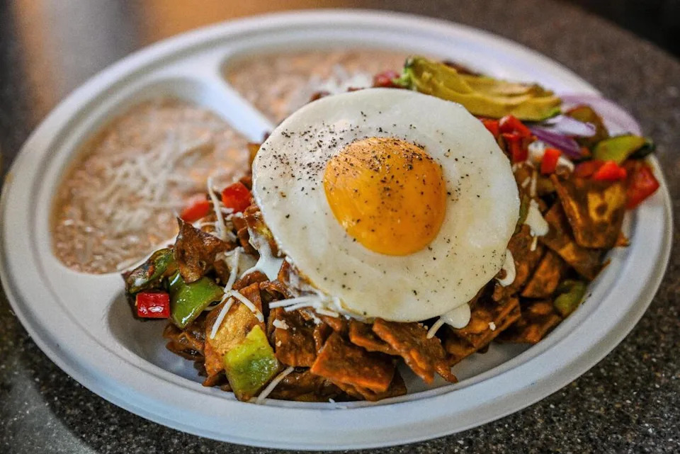 A vegan chilaquiles dish including a tofu egg and rice and beans served up at the La Jacka Restaurant featuring vegan Mexican cuisine using jackfruit in downtown Fresno. The restaurant will have its last day of service will be Sunday, June 21, 2026.