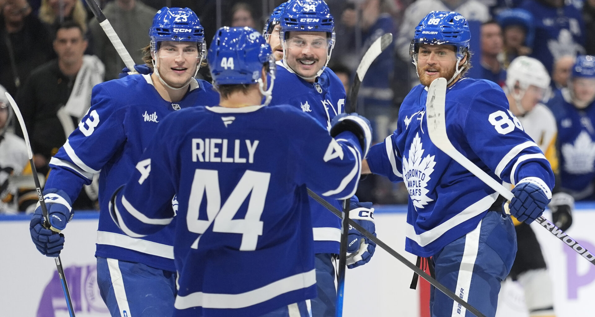 Toronto Maple Leafs defenseman Morgan Rielly (44), forward Matthew Knies (23) and forward Auston Matthews with forward William Nylander (88) at Scotiabank Arena
