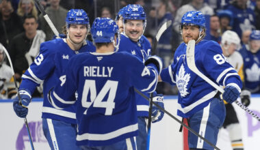 Toronto Maple Leafs defenseman Morgan Rielly (44), forward Matthew Knies (23) and forward Auston Matthews with forward William Nylander (88) at Scotiabank Arena