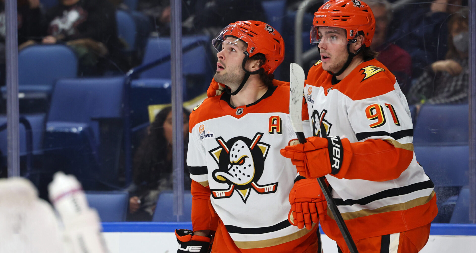 Anaheim Ducks center Mason McTavish (23) celebrates his goal with center Leo Carlsson (91) at KeyBank Center.