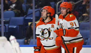 Anaheim Ducks center Mason McTavish (23) celebrates his goal with center Leo Carlsson (91) at KeyBank Center.