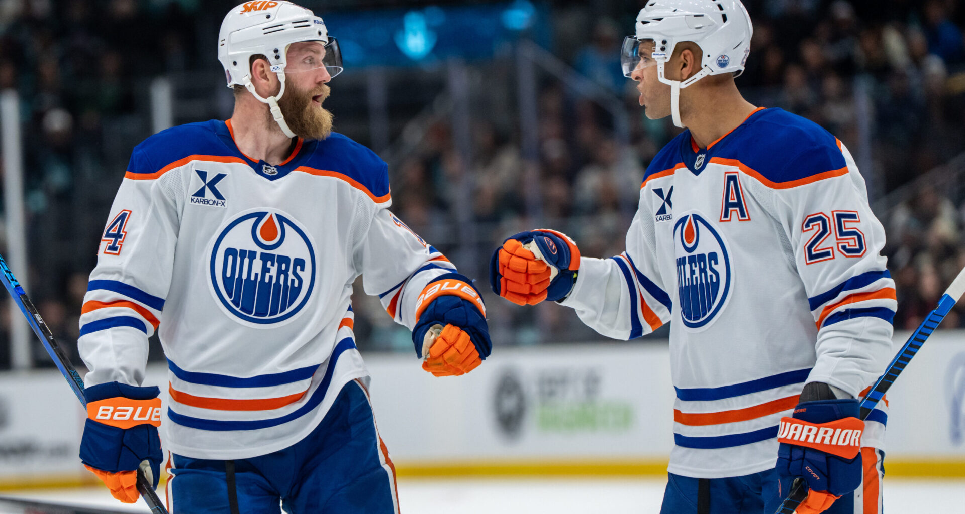 Edmonton Oilers defenseman Mattias Ekholm (14) and defenseman Darnell Nurse (25) at Climate Pledge Arena