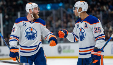 Edmonton Oilers defenseman Mattias Ekholm (14) and defenseman Darnell Nurse (25) at Climate Pledge Arena