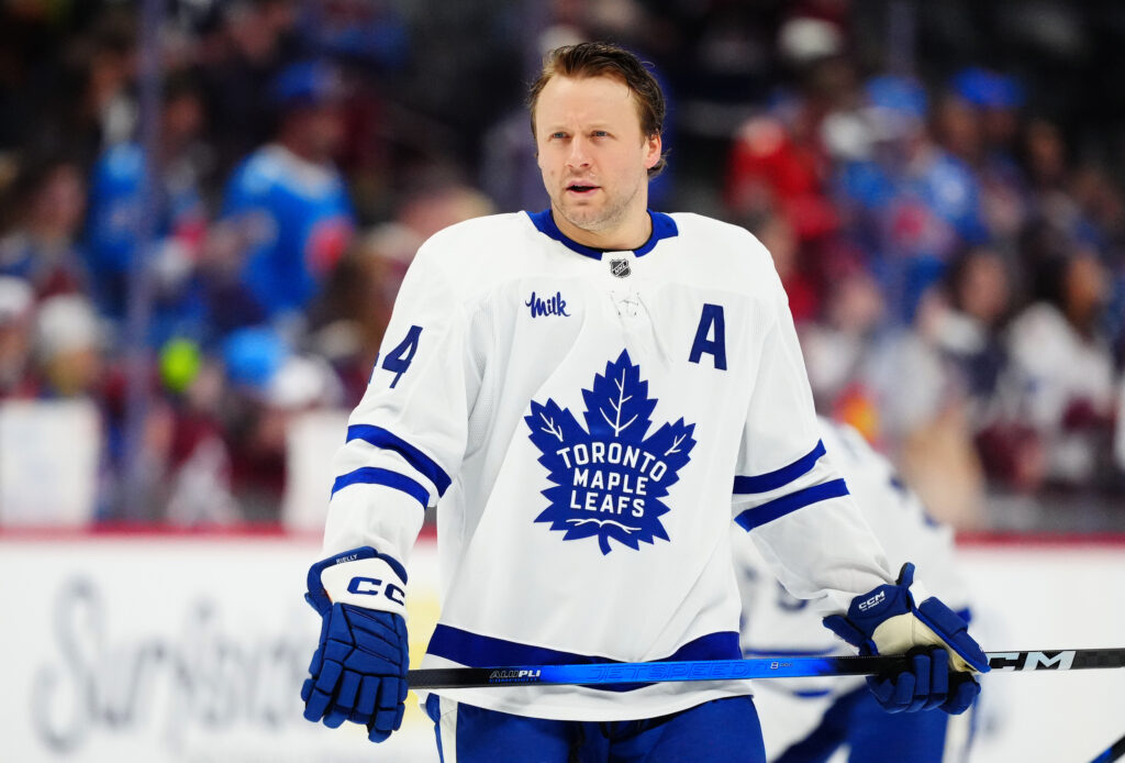 Toronto Maple Leafs defenseman Morgan Rielly (44) before a game at Ball Arena.