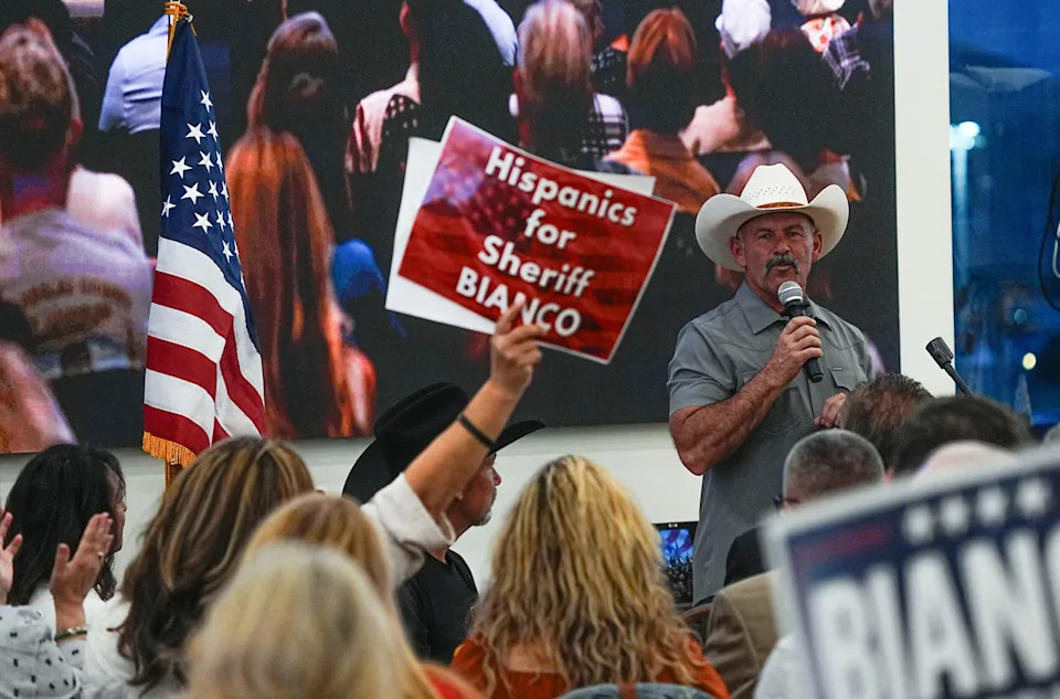 Riverside County Sheriff and gubernatorial candidate Chad Bianco speaks to his supporters just after the polls closed in the primary at a watch party in Norco, Calif., June 2, 2026.