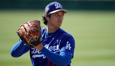 Los Angeles Dodgers two-way player Shohei Ohtani (17) warms up during spring training baseball on Sunday, Feb. 22, 2026, in Phoenix. (AP Photo/Brynn Anderson)