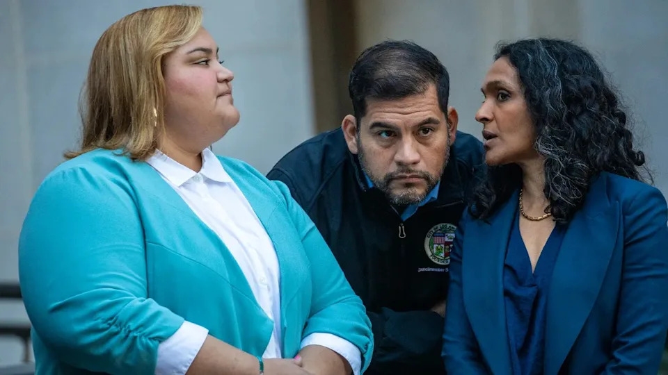 Council members Eunisses Hernandez, Hugo Soto-Martinez and Nithya Raman speaking at a press conference in Los Angeles City Hall