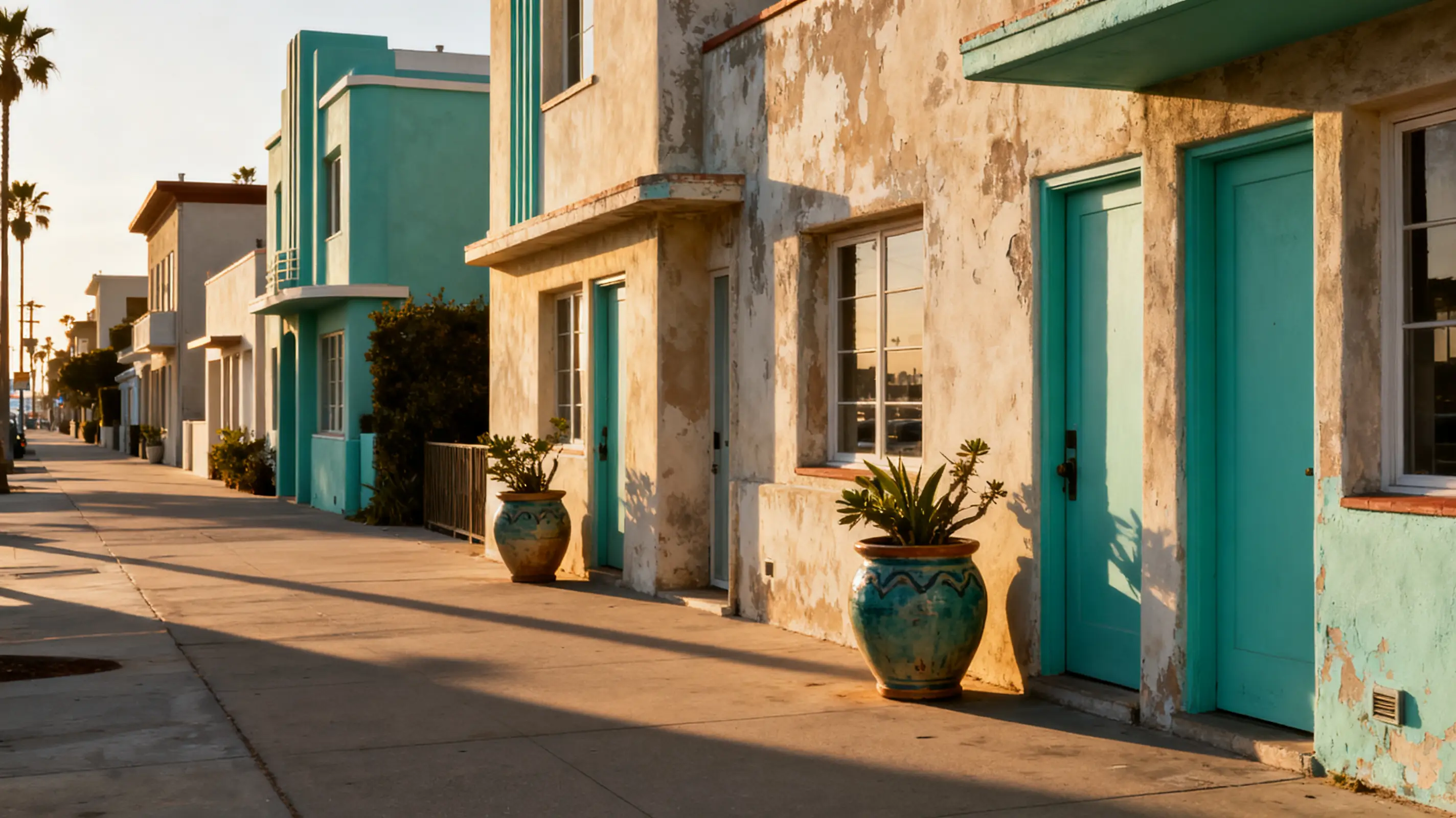 Pastel-colored beachside buildings with turquoise doors and large ceramic planters in warm evening light