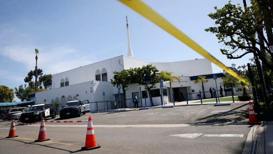 SAN DIEGO, CALIFORNIA – MAY 19: Police tape is pictured outside The Islamic Center of San Diego (ICSD) on May 19, 2026 in San Diego, California. Three people were killed and two suspects are dead after a shooting at San Diego’s largest mosque. (Photo by Sandy Huffaker/Getty Images)