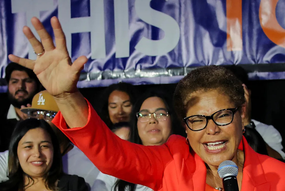 Los Angeles Mayor Karen Bass gestures towards supporters at her election night watch party.