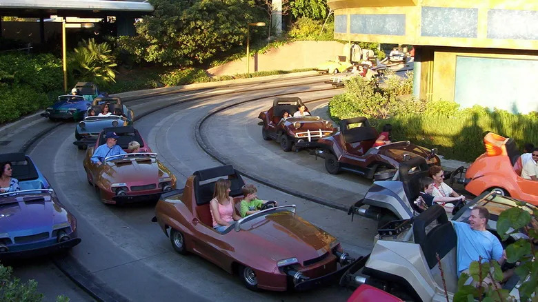 A part of the Autopia ride in 2005 with several cars stopped