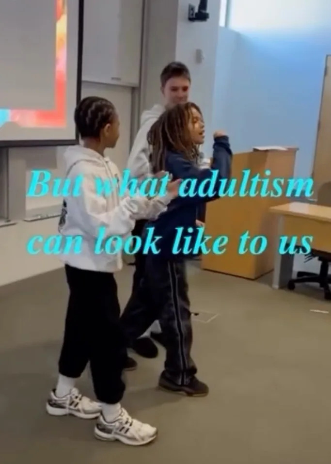 Three children acting out a scene during a seminar on “adultism.” Instagram/oakyac