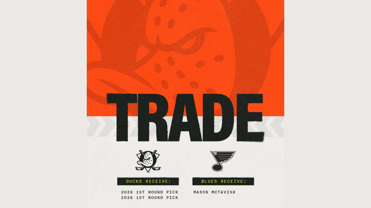 Ducks Acquire Two First-Round selections (15th and 29th Overall) in 2026 NHL Draft from Blues for McTavish