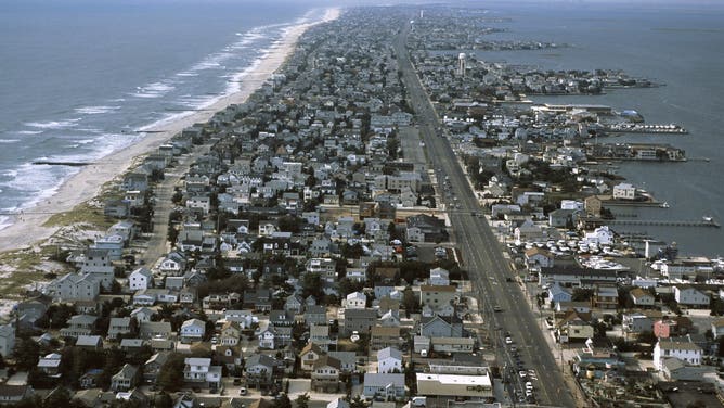 LONG BEACH ISLAND, NJ- SEPTEMBER 21: An aerial view looking south down the main road that runs the length of Long Beach Island (locally known as LBI ) September 21 in Long Beach Island, New Jersey.