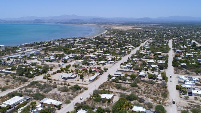 LA PAZ, MEXICO - JUNE 01: Aerial view of El Centenario during the distribution of humanitarian aid on June 1, 2020 in La Paz, Mexico.