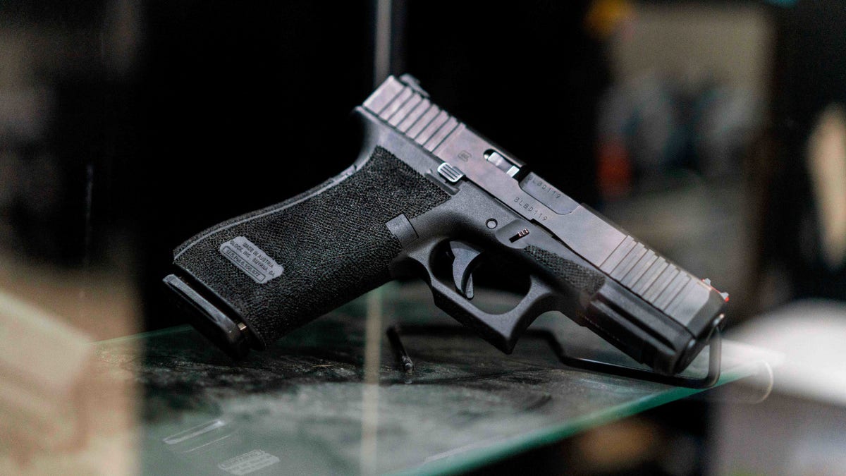 A Glock pistol displayed for sale at Redstone Firearms in Burbank, California