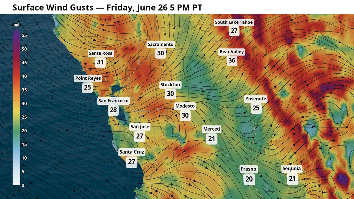Forecast wind gusts temperatures for Friday, June 26 at 5 PM