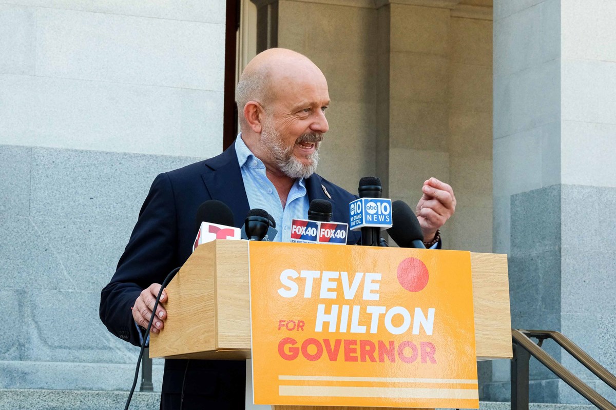 Republican gubernatorial candidate Steve Hilton speaks at a press conference outside the state capitol on Wednesday, June 3, 2026.