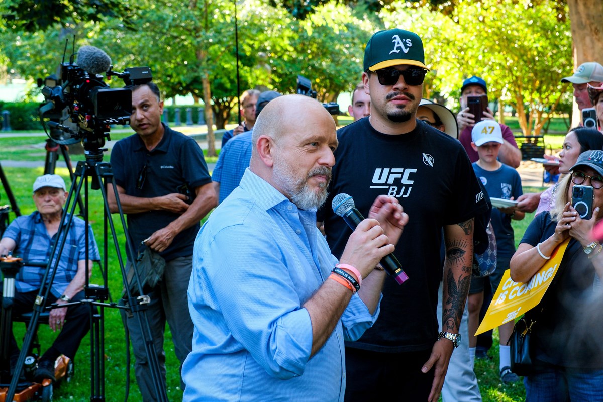 Steve Hilton brought out supporter Joel Degaton to speak to the crowd assembled at his rally on Wednesday, June 3, 2026
