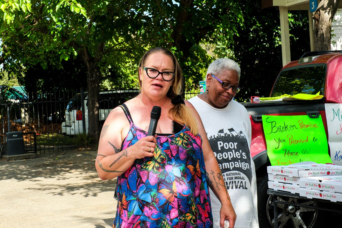 Amber Criswell speaks at a press conference held by The Sacramento Homeless Union on Friday, June 5, 2026.