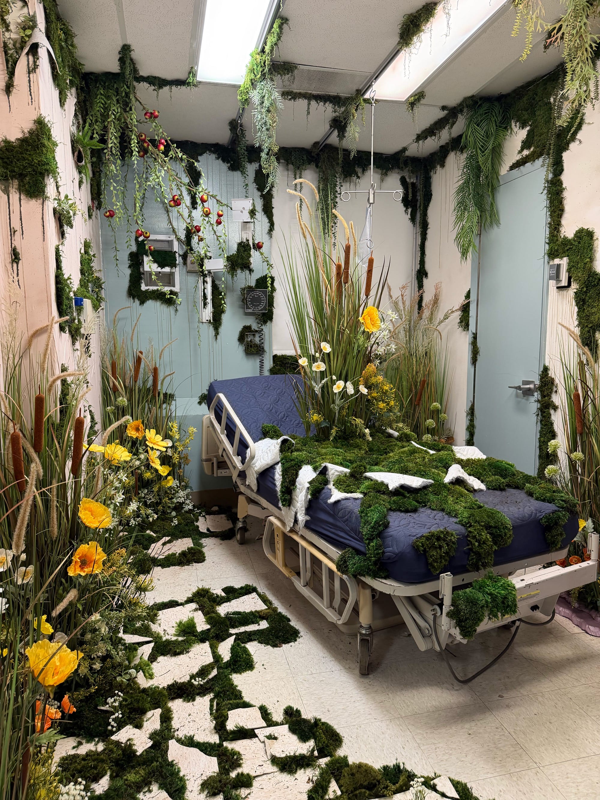 a hospital room installation transformed by lush growths of moss and flowers
