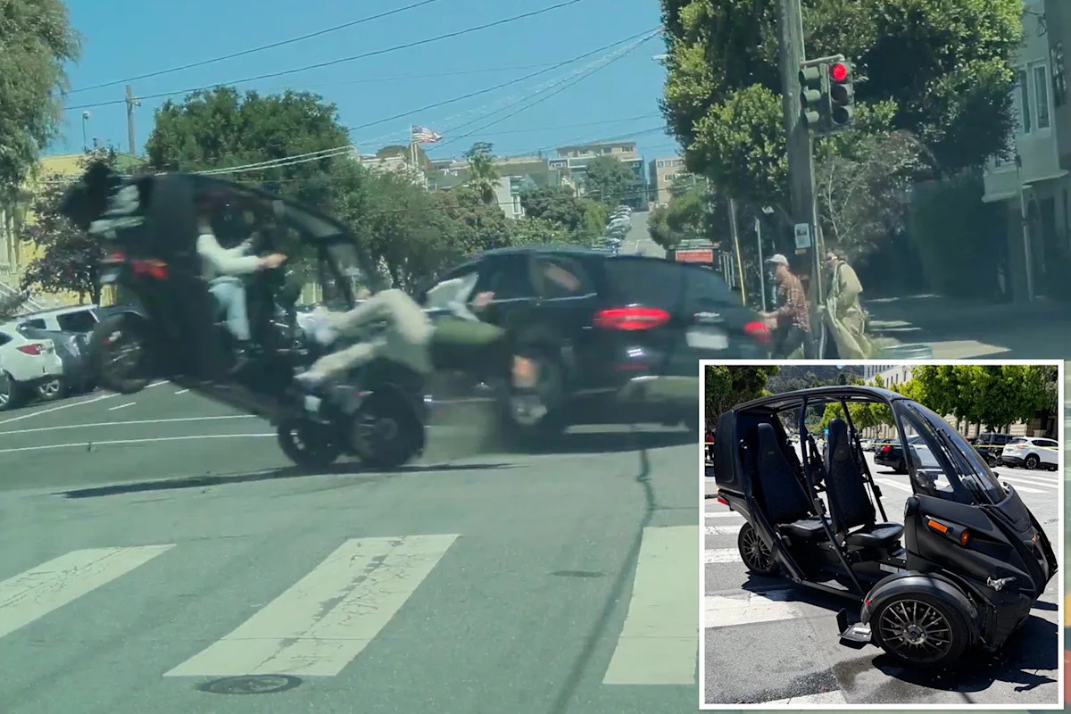 Graphic footage shows driver flung from three-wheeler after smashing into Audi at San Francisco intersection